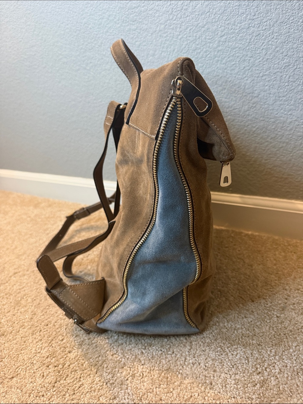 Lipault Paris Suede Fold-Over Backpack Bag in Brown and Blue - Picture 4 of 16